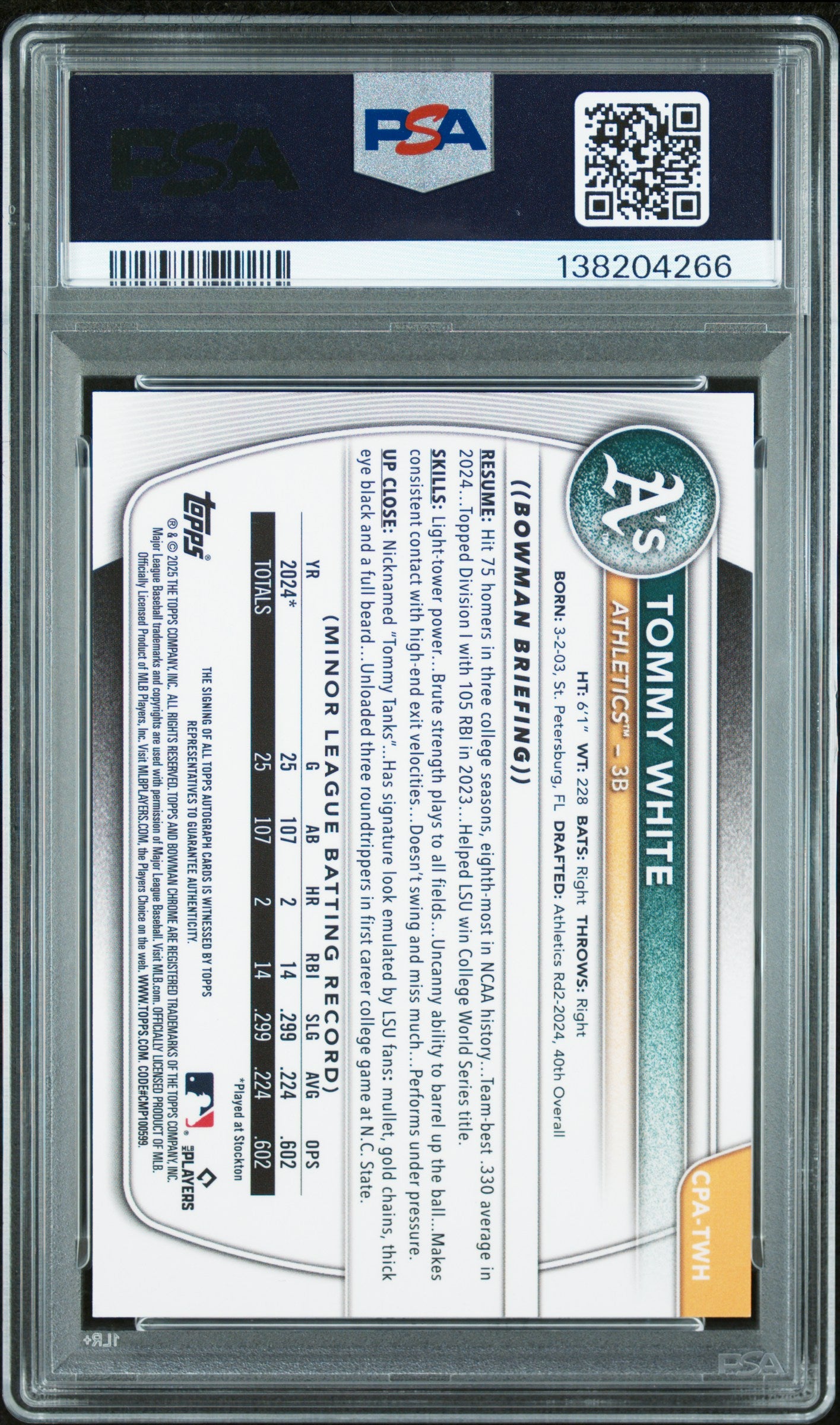 2025 Bowman Chrome Prospect Autographs Tommy White Speckle Ref 289/299 PSA 10