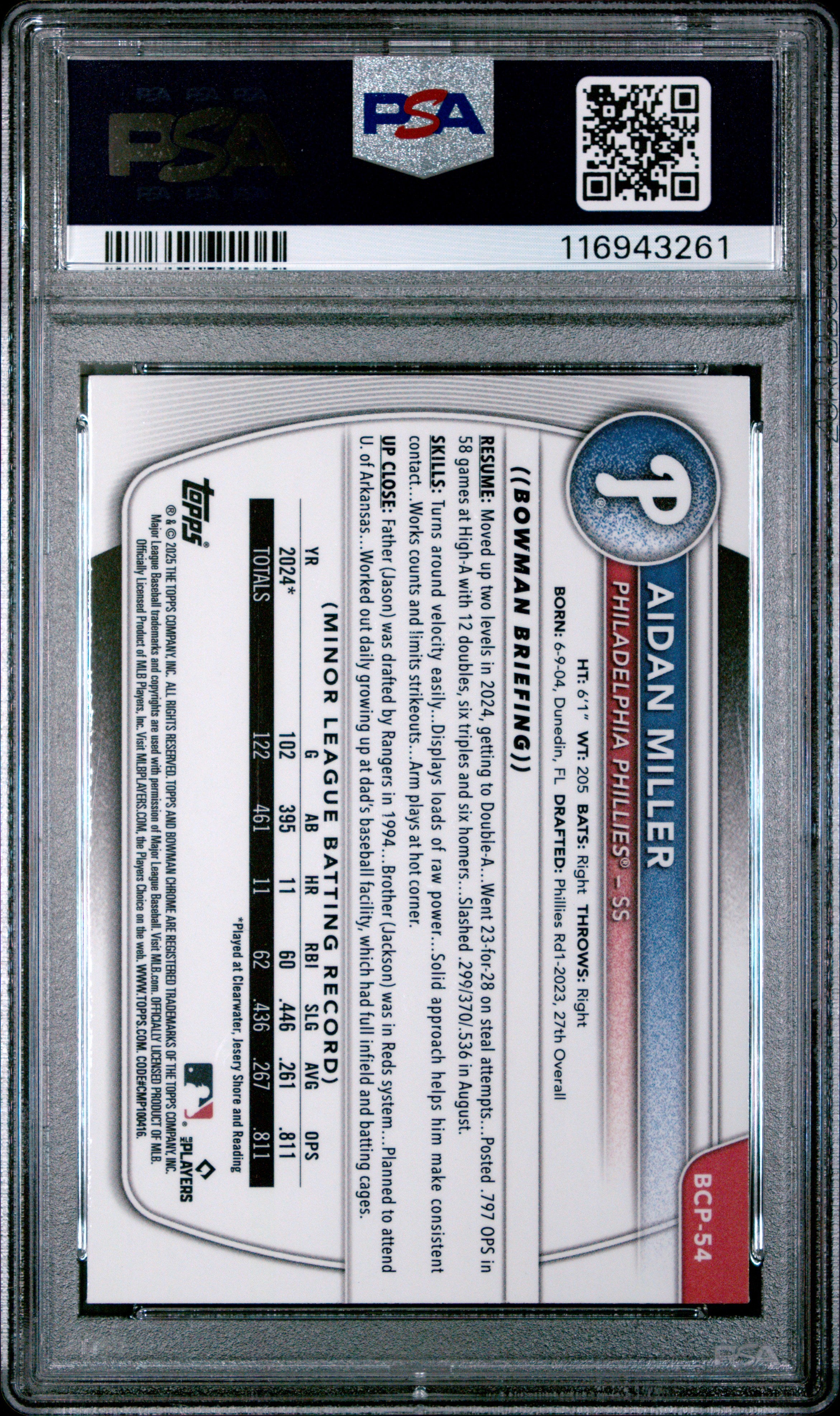 2025 Bowman Chrome Prospects Aidan Miller Blue Raywave 140/150 PSA 10