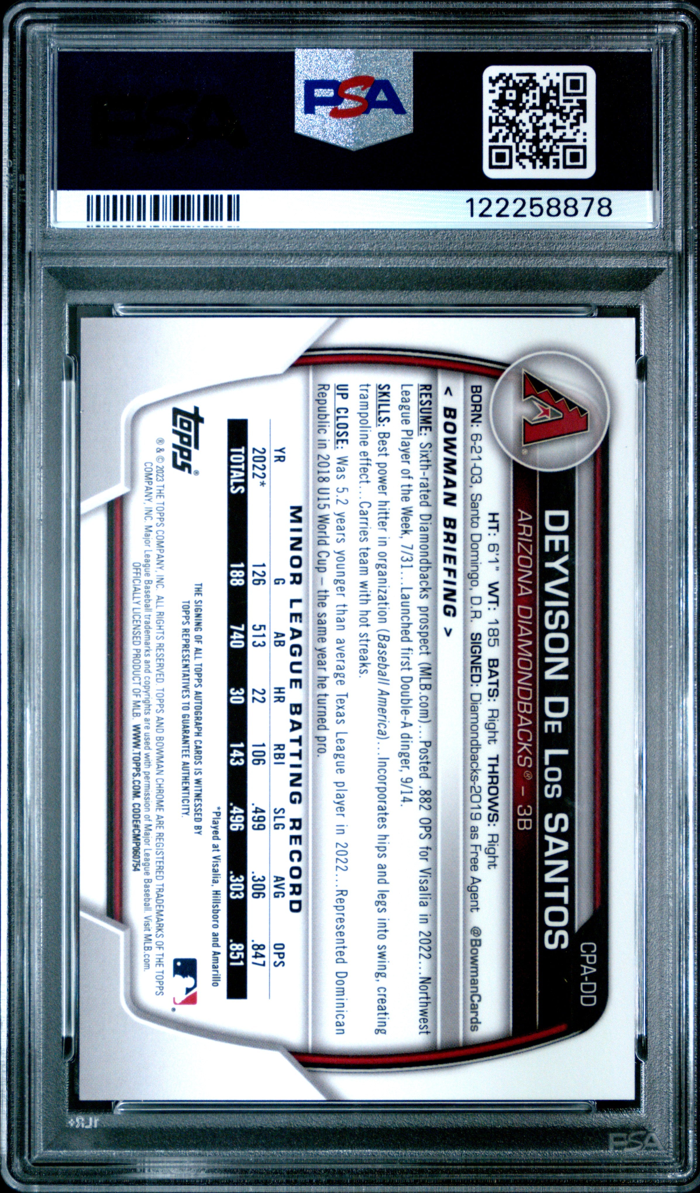 2023 Bowman Chrome Prospect Autographs D. De Los Santos PSA 10
