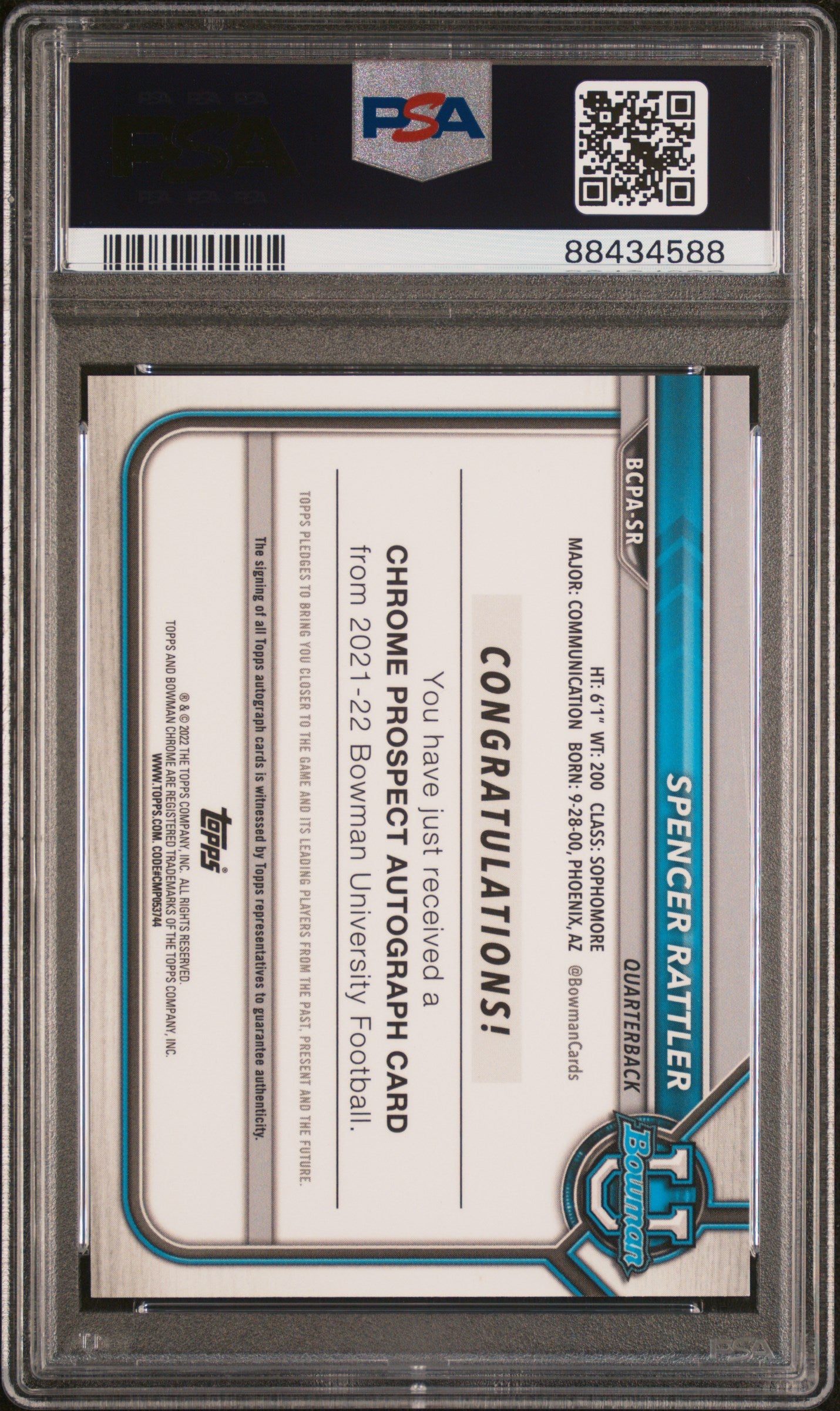 2021 Bowman University Chrome Spencer Rattler Auto Orange Refractor 05/25 PSA 10
