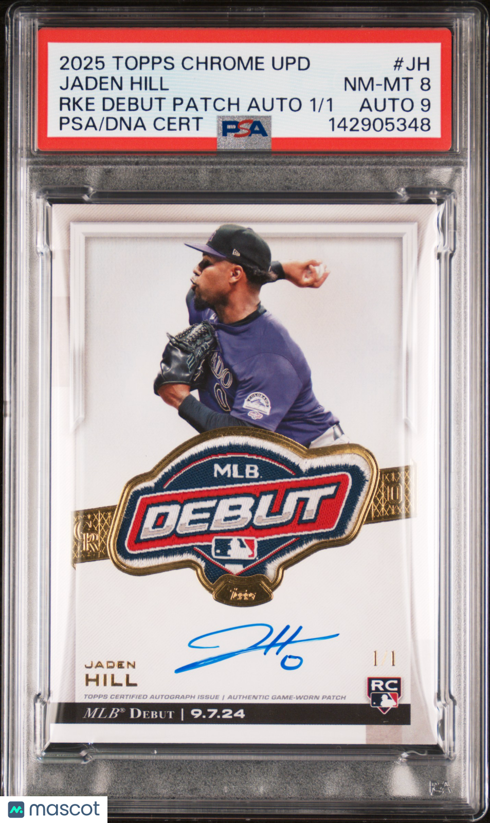 2025 Topps Chrome Update Rookie Debut Patch Autographs 1/1 Jaden Hill RKE 1/1 PSA 8 Auto 9