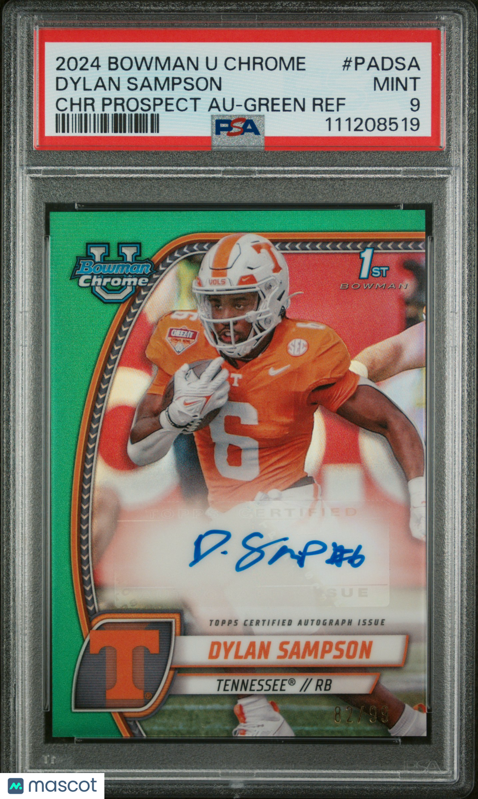 2024 Bowman University Chrome Prospect Auto Dylan Sampson Green Ref /99 PSA 9