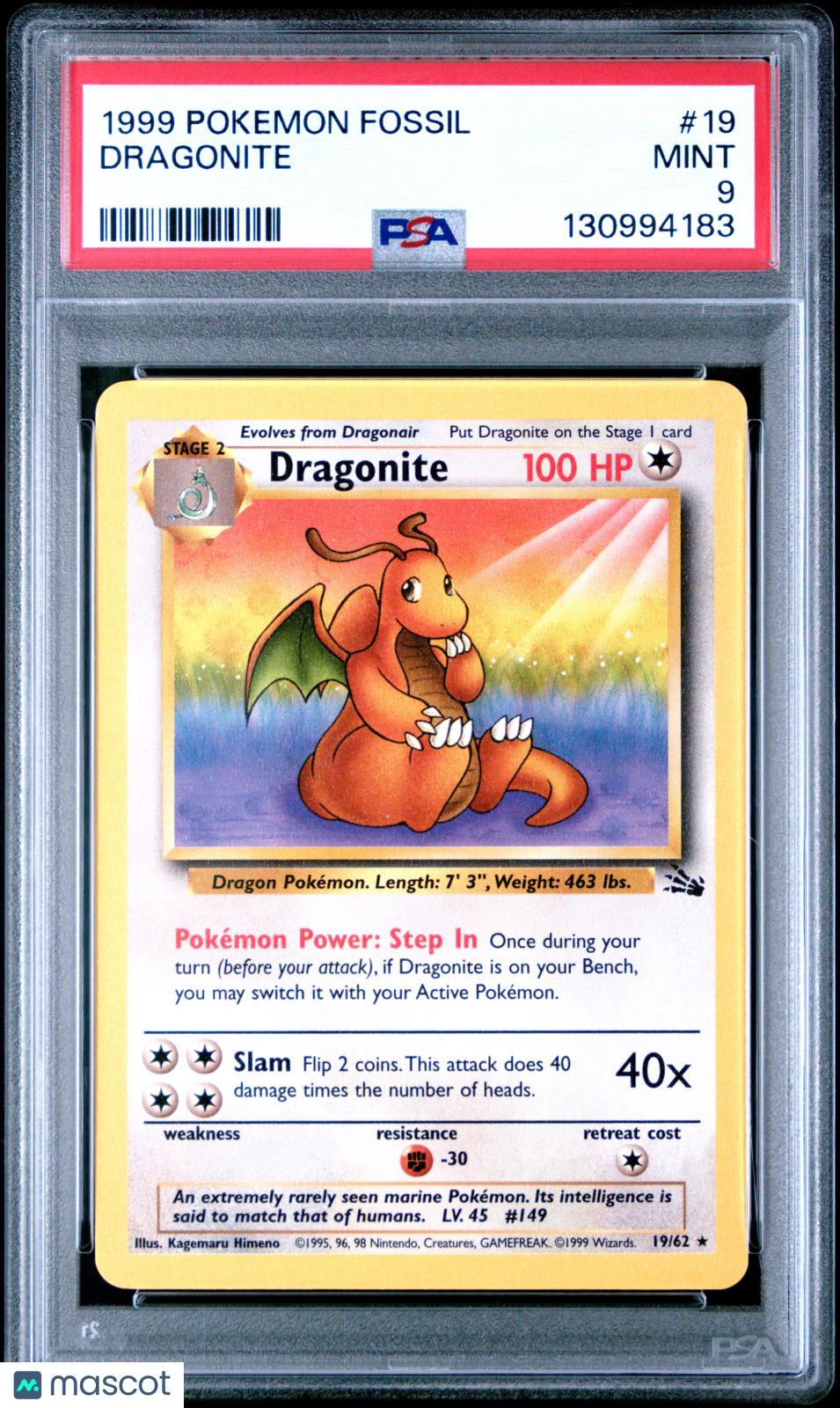 1999 Pokemon Fossil Dragonite PSA 9