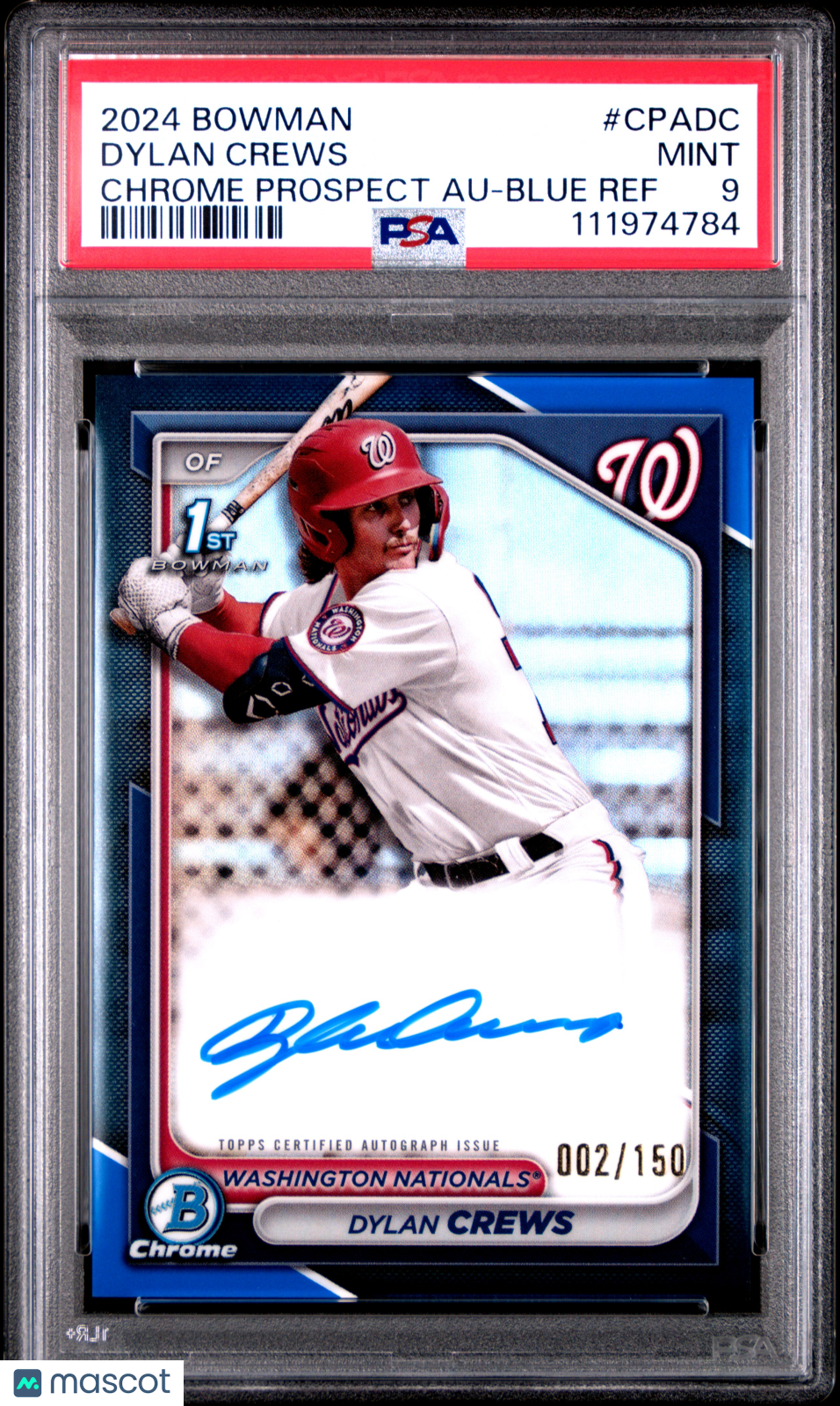 2024 Bowman Chrome Prospect Autographs Dylan Crews Blue Ref 002/150 PSA 9