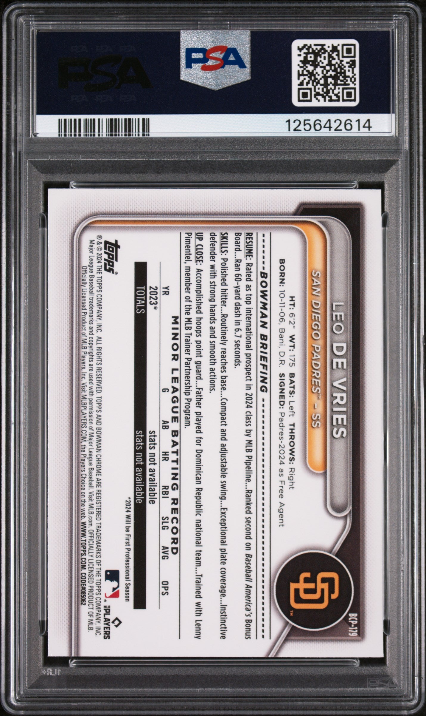 2024 Bowman Chrome Prospects Leo De Vries Purple Shimmer PSA 10