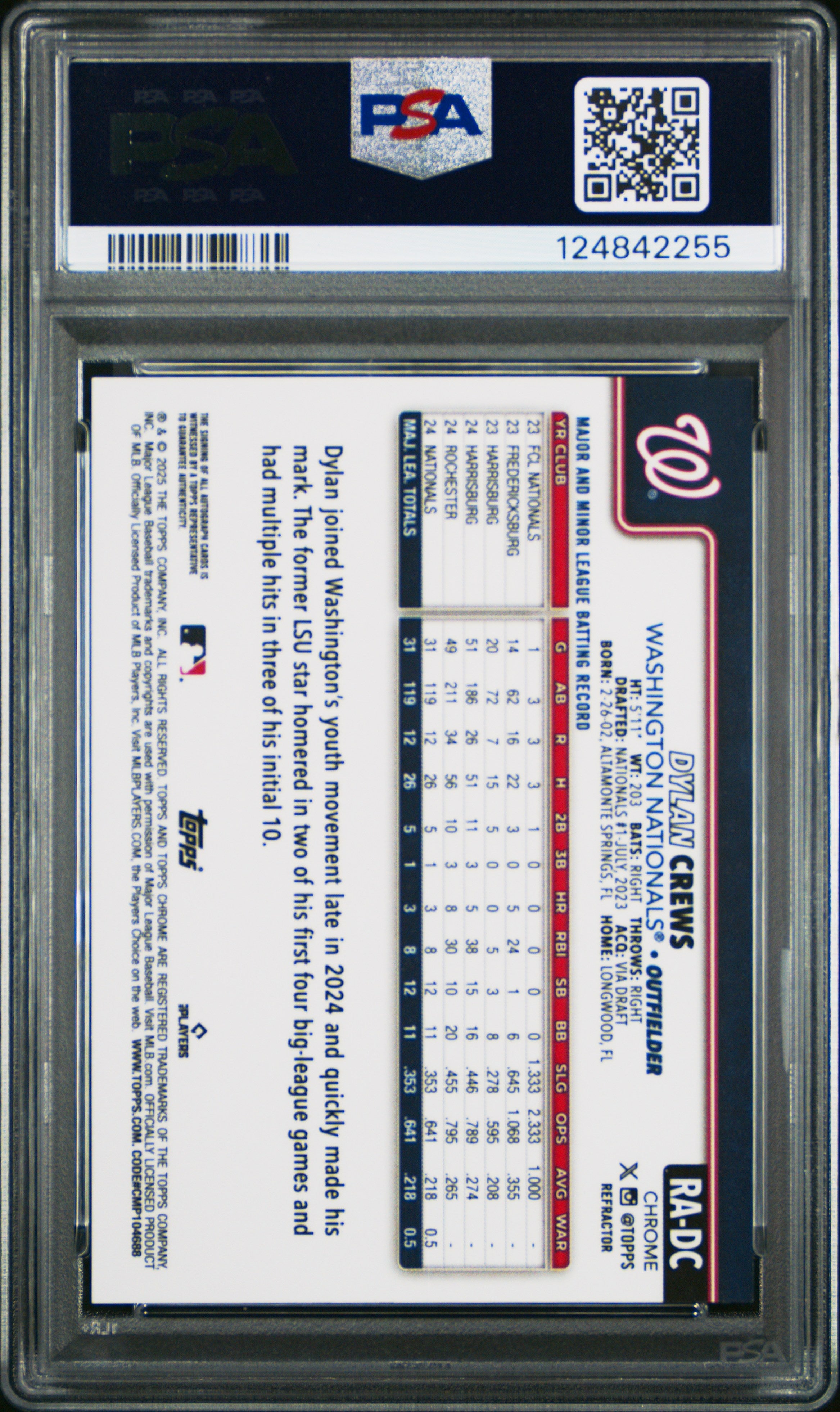 2025 Topps Chrome Rookie Autographs Dylan Crews Refractor 437/499 PSA 9