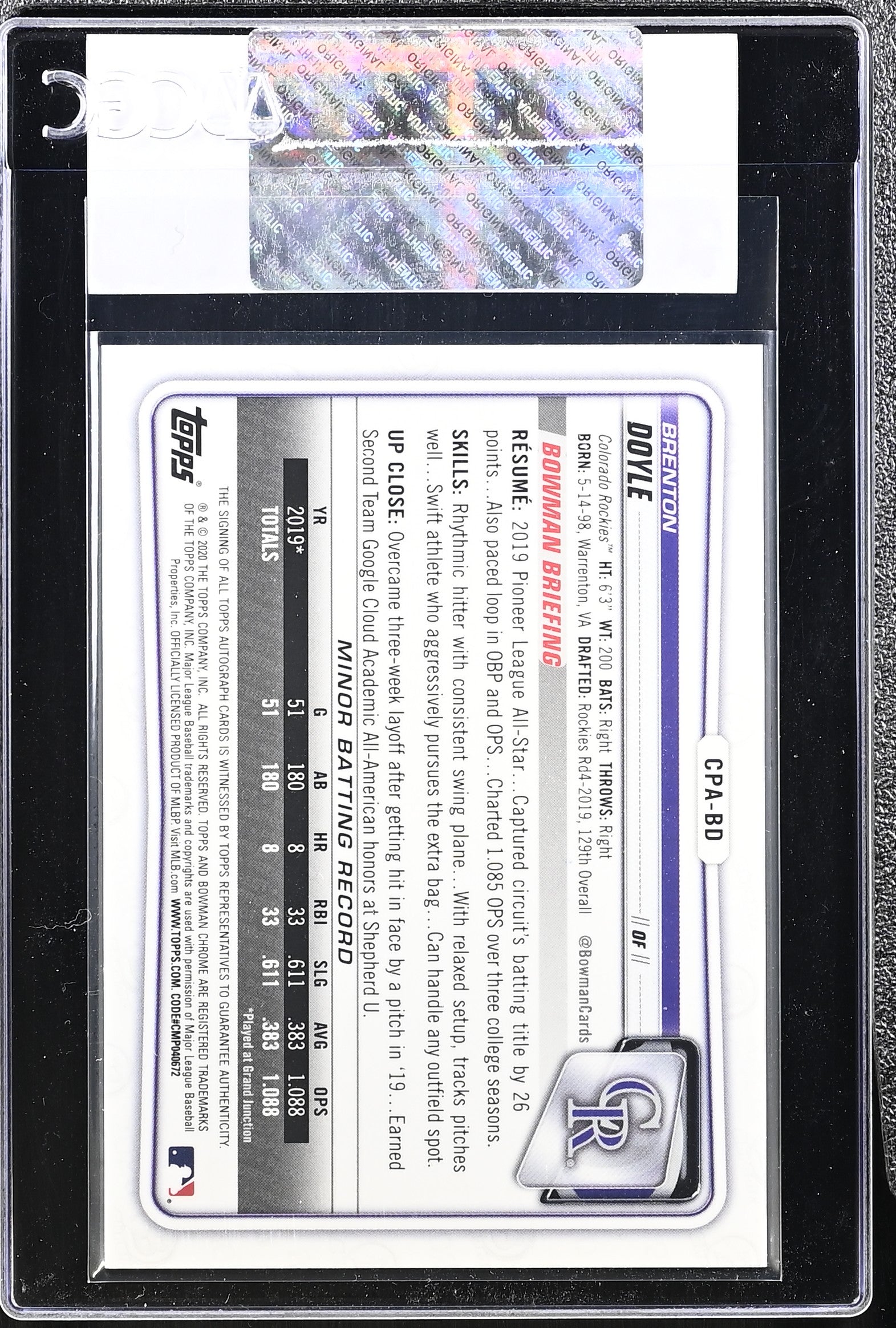 2020 Bowman Brenton Doyle Blue Refractor Chrome Prospect Autographs CGC Auth