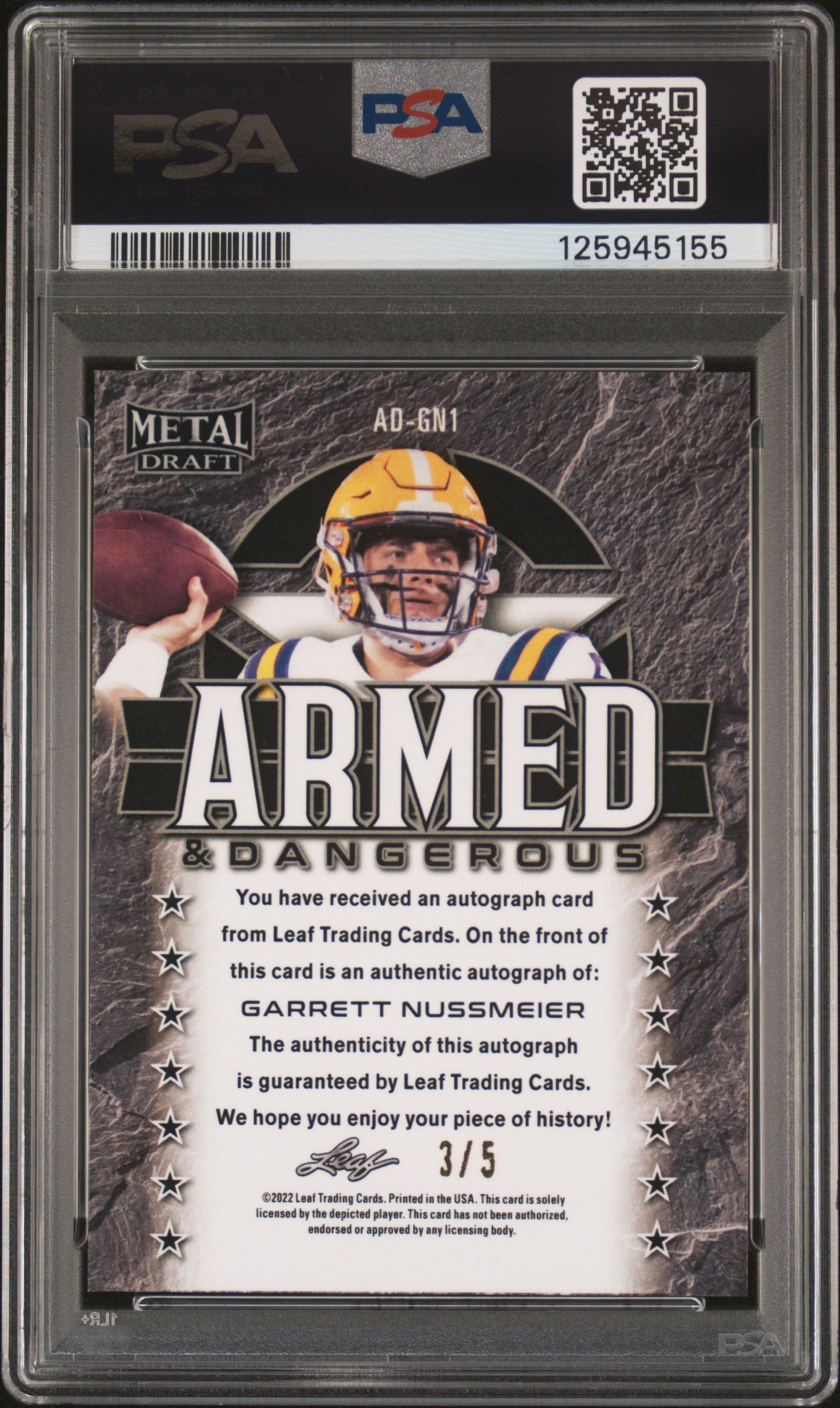 2022 Leaf Metal Draft Armed & Dangerous Autographs Garrett Nussmeier /5 PSA 9