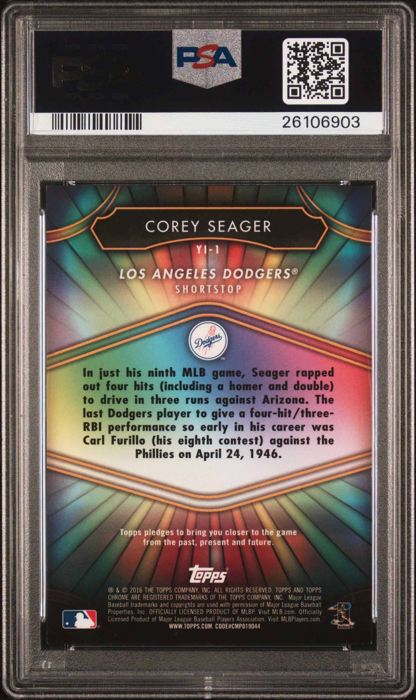 2016 Topps Chrome Youth Impact Corey Seager Red Refractor PSA 10