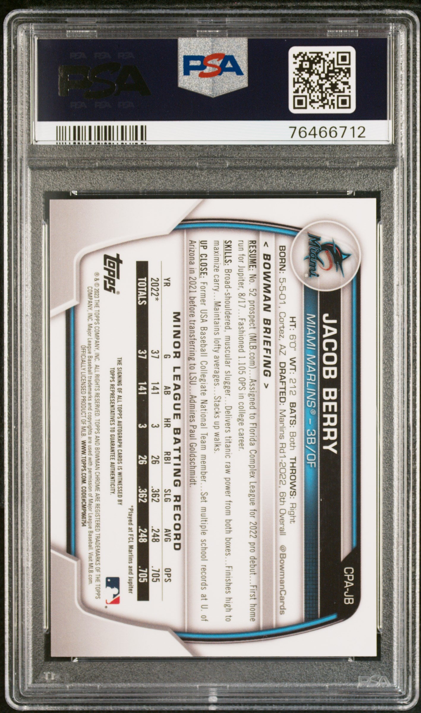 2023 Bowman Chrome Prospect Autographs Jacob Berry Purple Ref 244/250 PSA 10