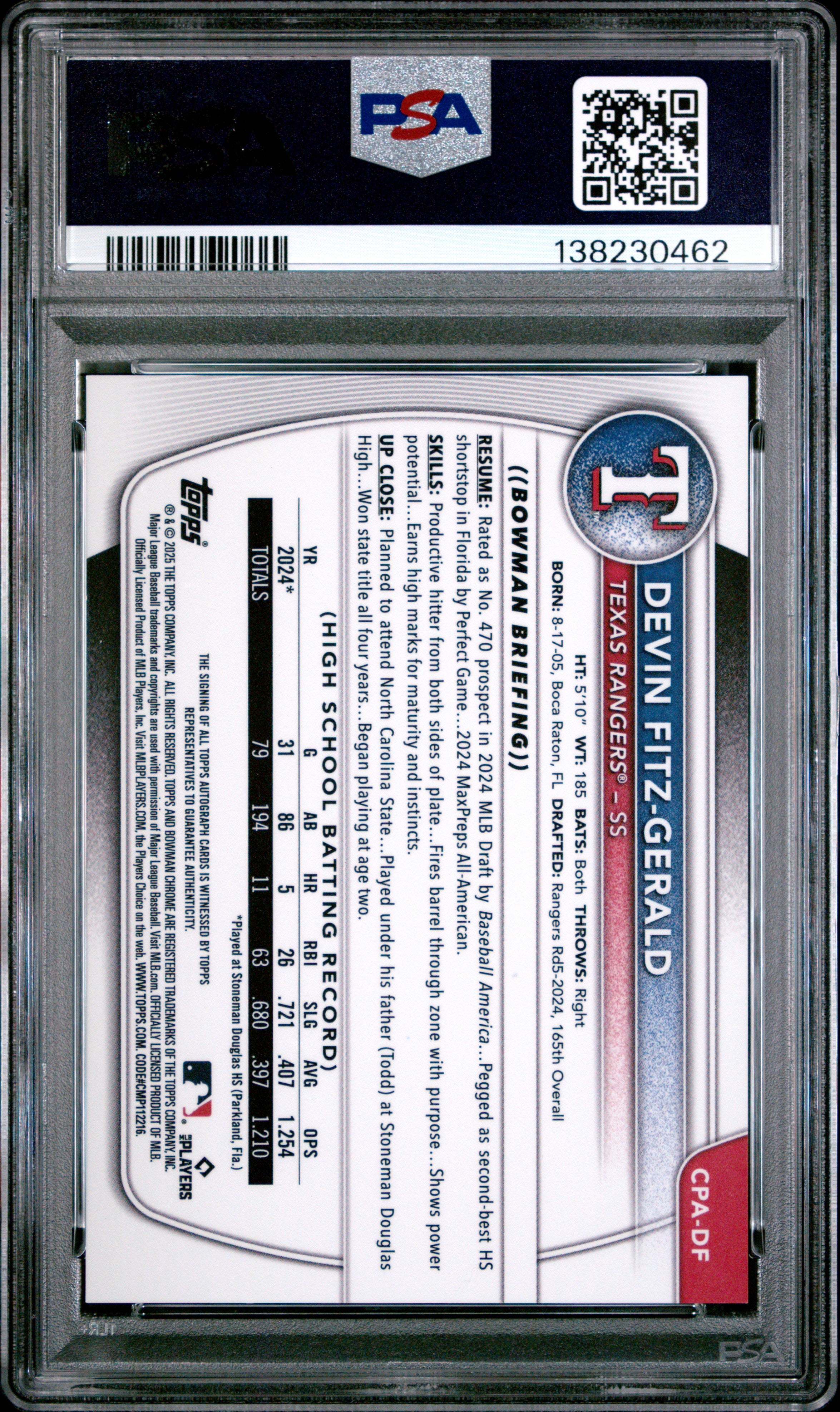 2025 Bowman Chrome Prospect Autographs Devin Fitz-Gerald PSA 9