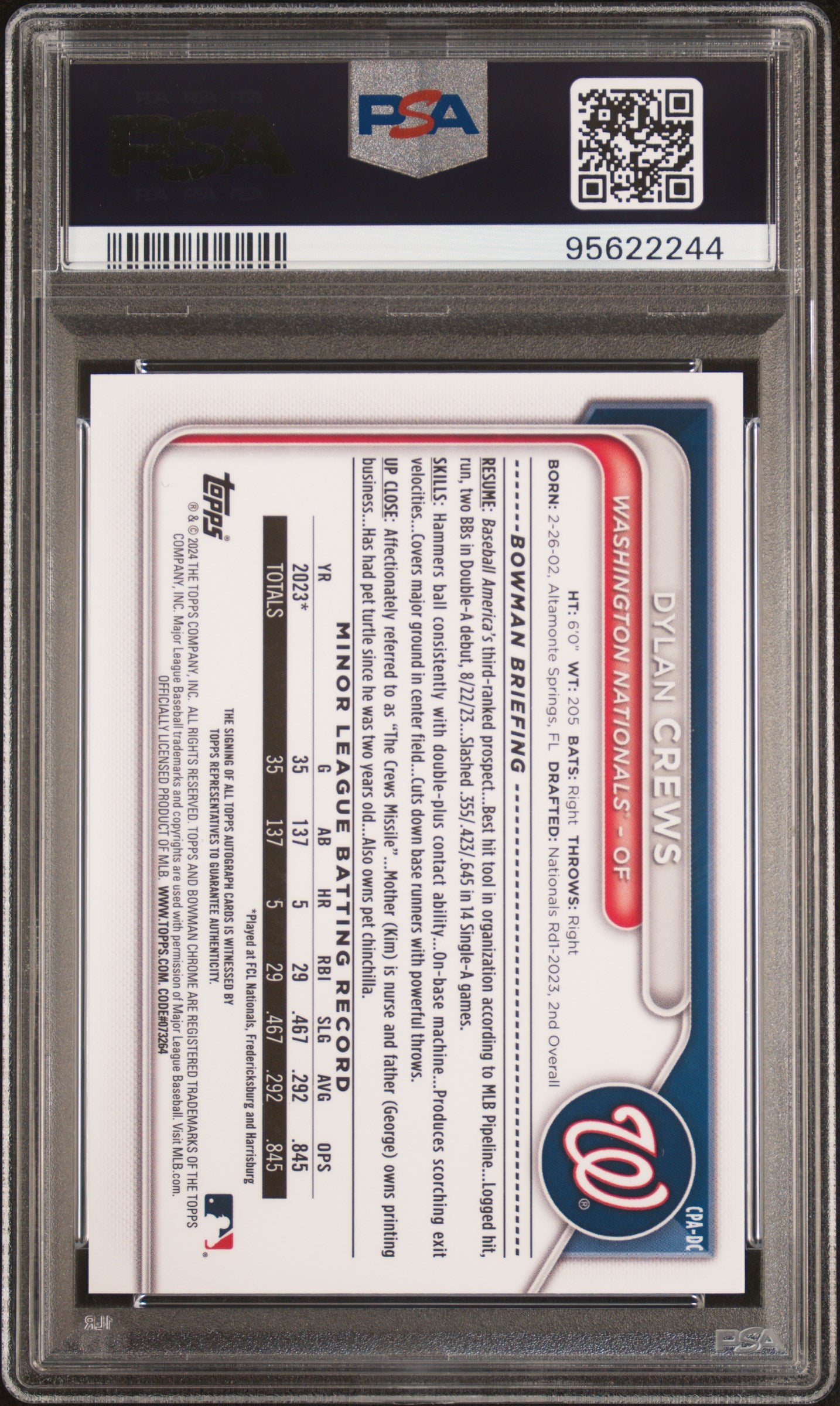 2024 Bowman Paper Prospect Autographs Dylan Crews PSA 9