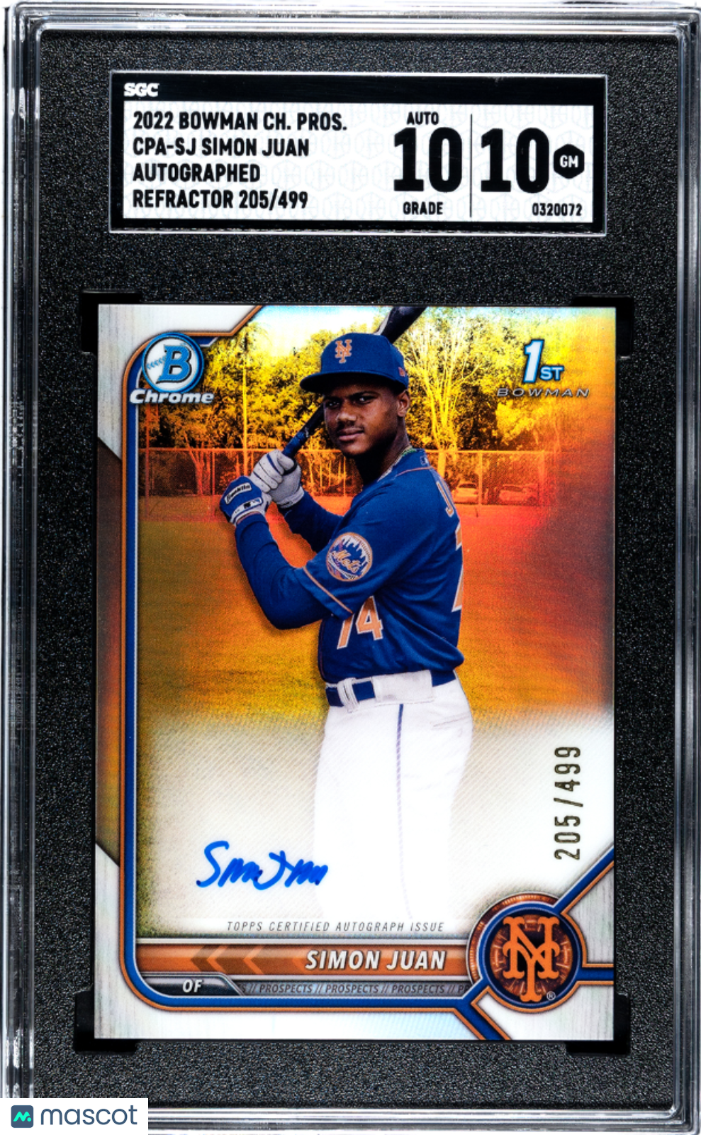 2022 Bowman Chrome Simon Juan Autograph Refractor 499 SGC 10 Auto 10