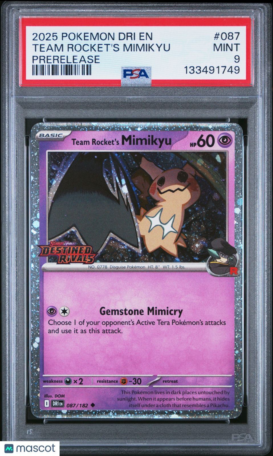 2025 Pokemon Dri EN-Destined Rivals Team Rocket's Mimikyu Prerelease PSA 9